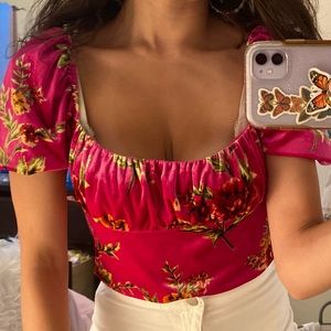 Pink floral velvet crop top